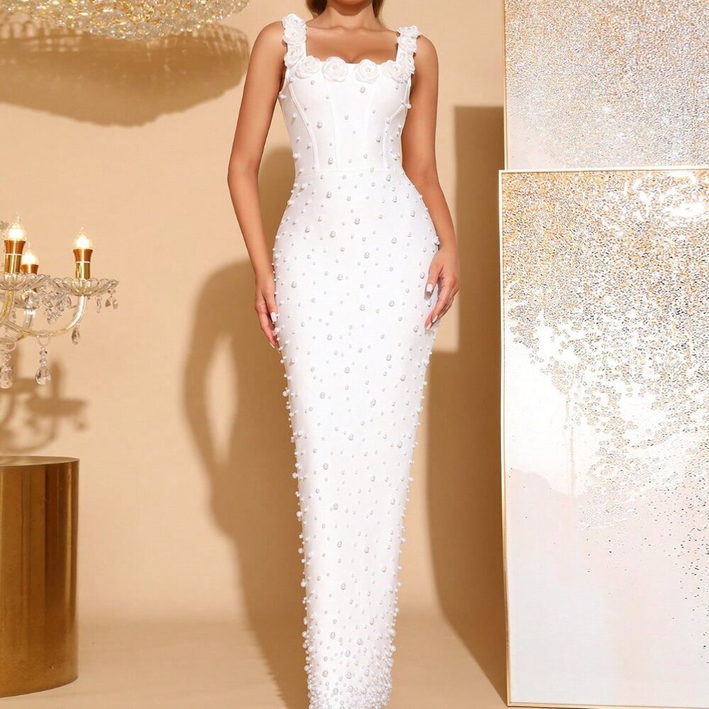 White Elegant Women's Sleeveless Maxi Gown with Floral Decor